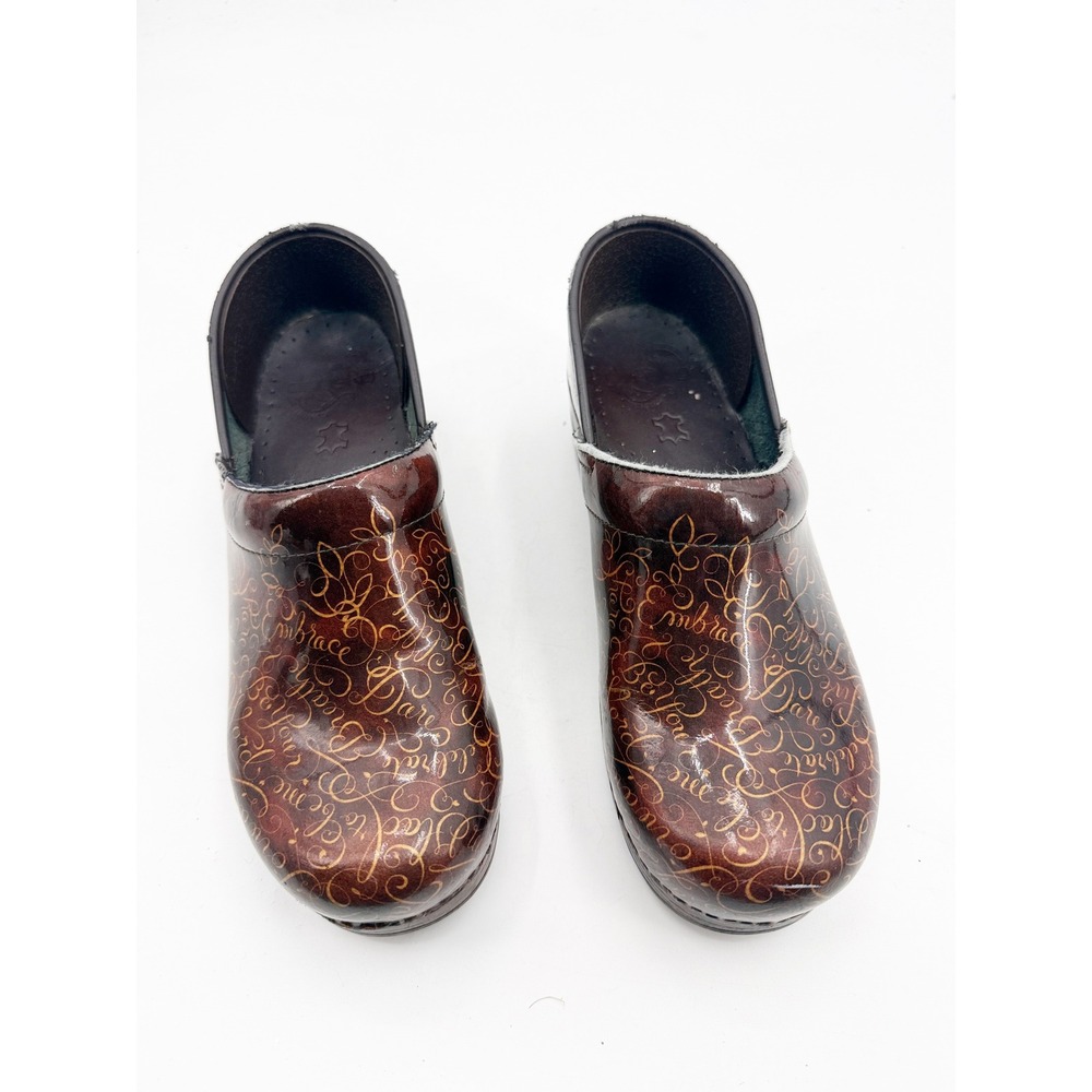 Dansko Professional Clogs Brown Patent Script Gold Words Size 39 US 8.5-9